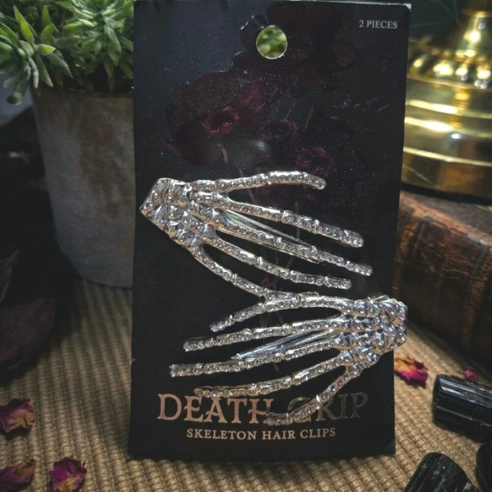 Death Grip Skeleton Hair Clips Rhinestone Silver Halloween Gothic Set of 2